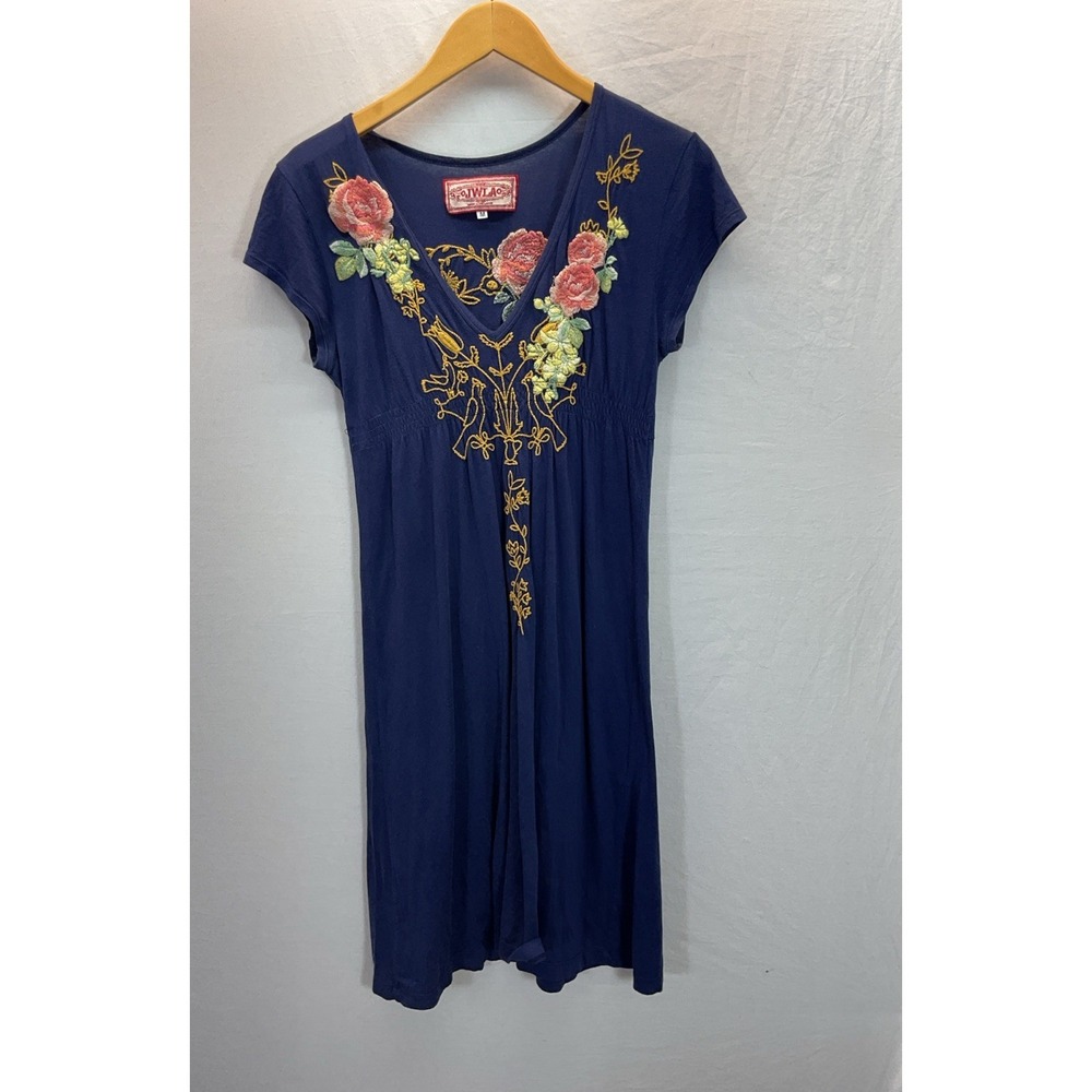 Johnny Was JWLA Embroidered Floral Cotton Modal Tunic Dress Blue M Boho Cap Slv